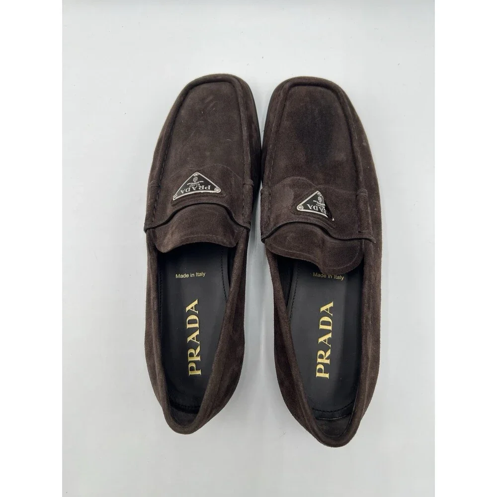 Men’s Prada chocolate brown suede slip-on driving loafers triangle logo 7UK - Picture 5 of 6